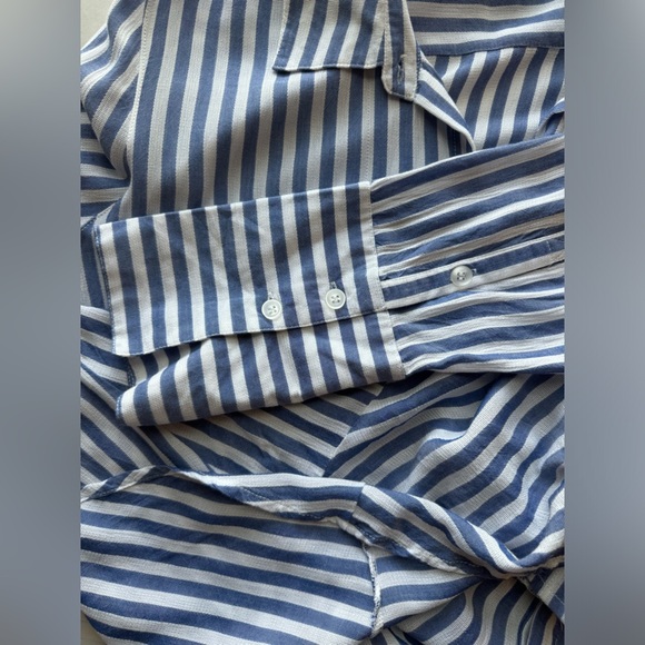 RAIN Woman's Striped Asymmetrical Hem Long Sleeve Button Down Shirt, Size L - Picture 5 of 7